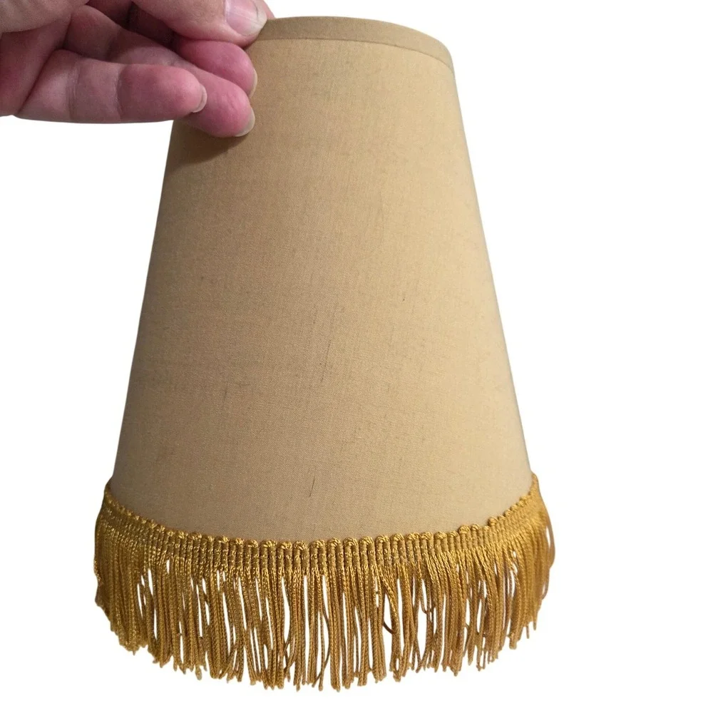 Vintage Tan Fabric Tapered Lamp Shade Gold Bullion Fringe Clip On Fitter 7